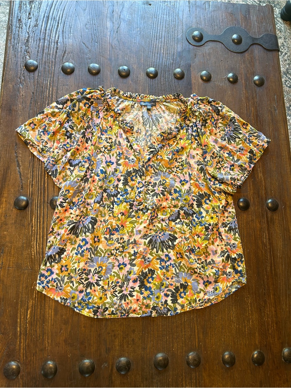 Democracy Floral V-Neck Short Sleeve Top - Pink, Yellow, Blue, Cream